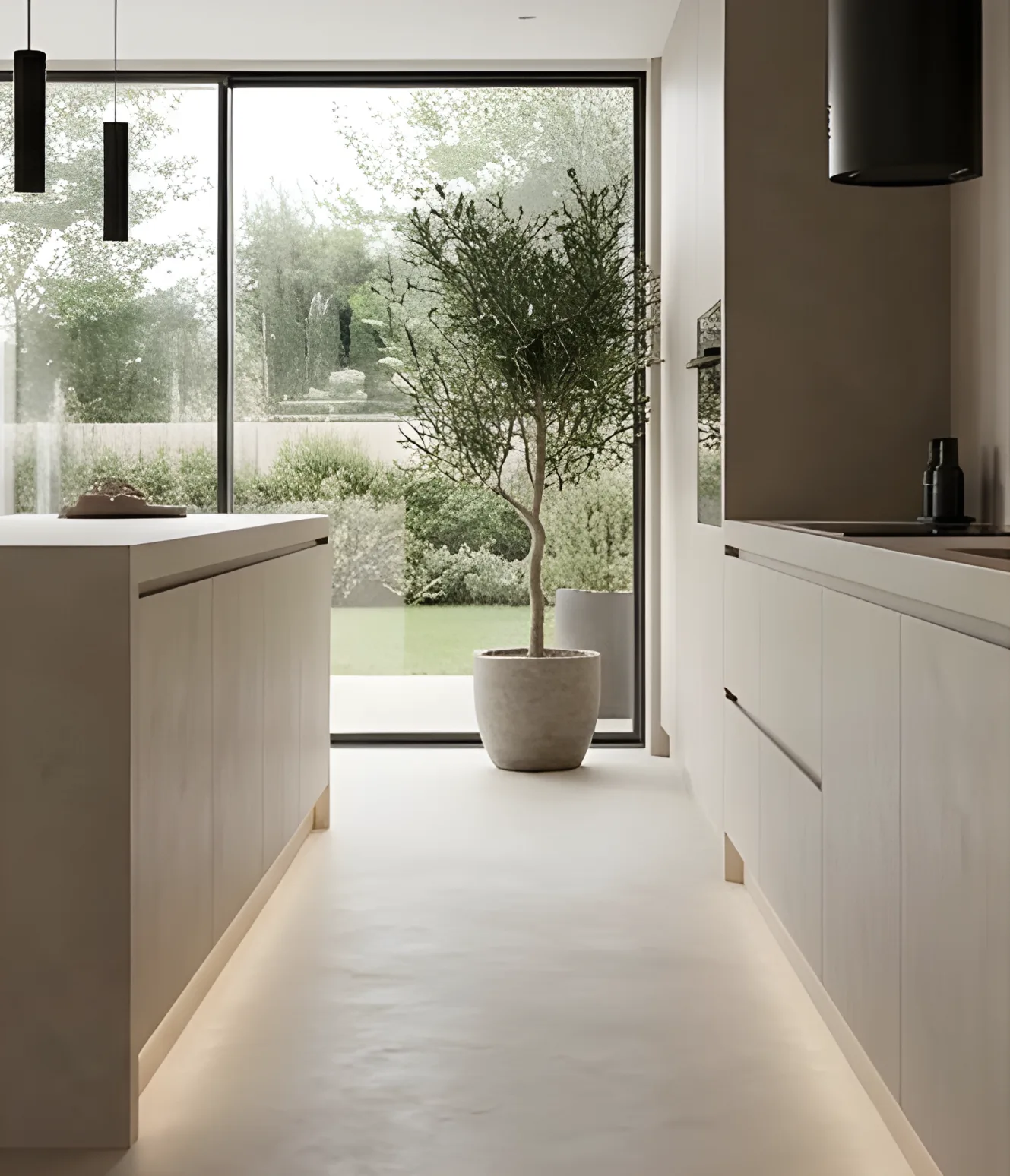 Moderne Küche mit Gartenblick und Glasschiebetüren