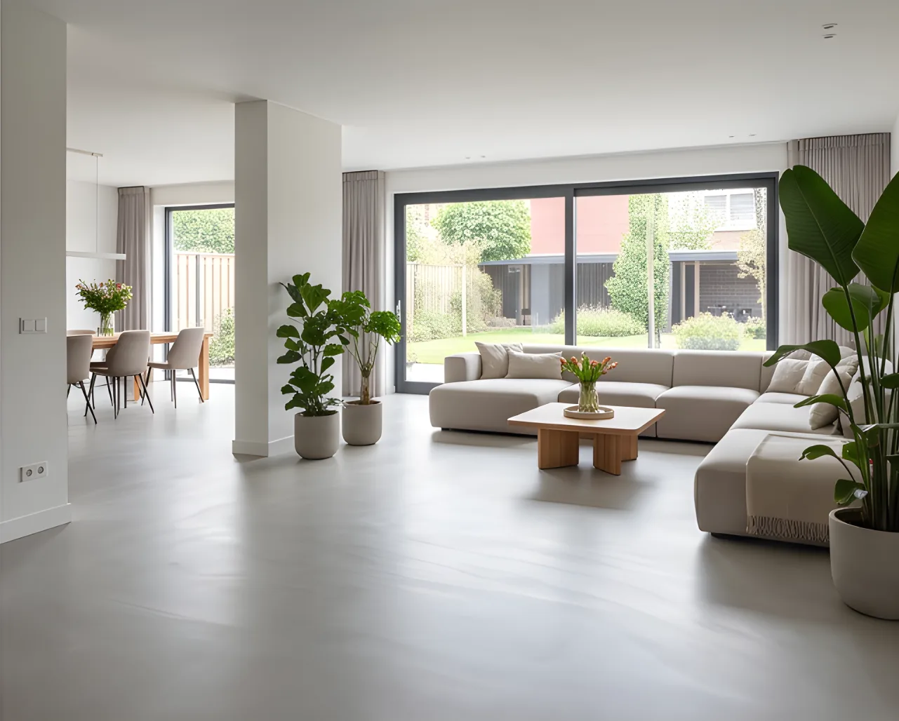 Fugenloser Mikrozementboden in modernem Wohnzimmer mit Sofa und Couchtisch