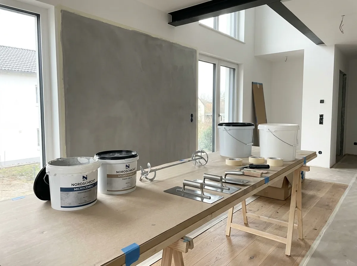 Mikrozement-Anwendung auf einer Wand und Arbeitsplatte in einem modernen Innenraum