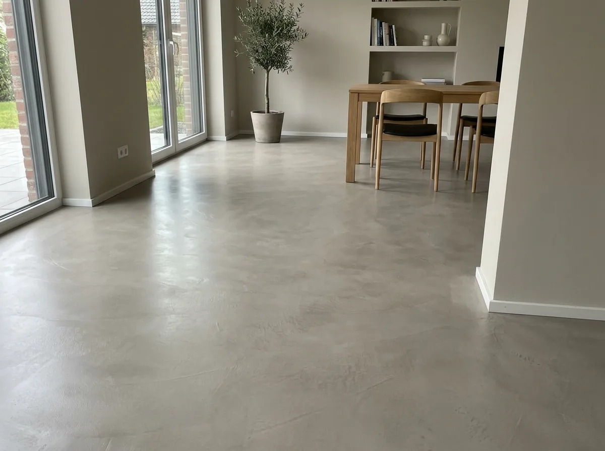 Fugenloser Mikrozementboden in modernem Innenraum mit Holzstuhl und Tisch