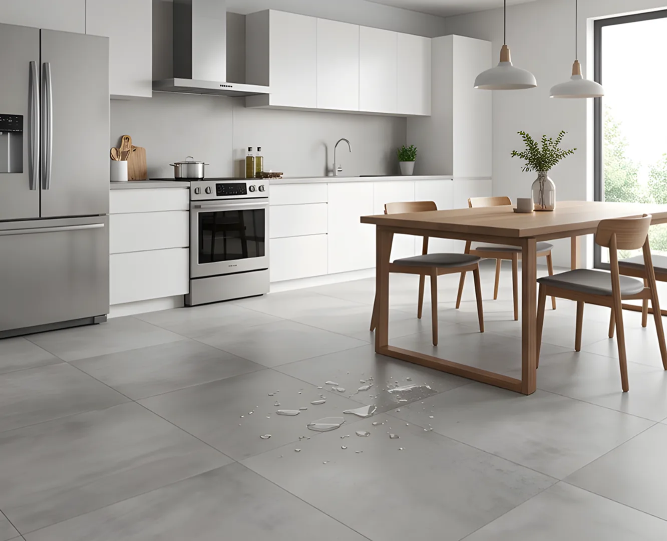 Moderne Küche mit Mikrozement Fußboden und minimalistischer Einrichtung