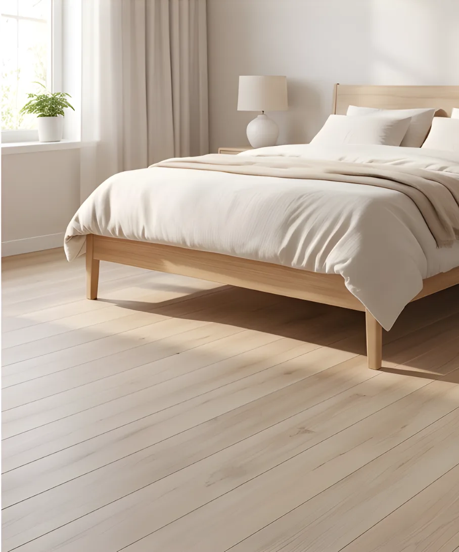 Fugenloser Mikrozementboden in modernem Schlafzimmer mit Holzbettem