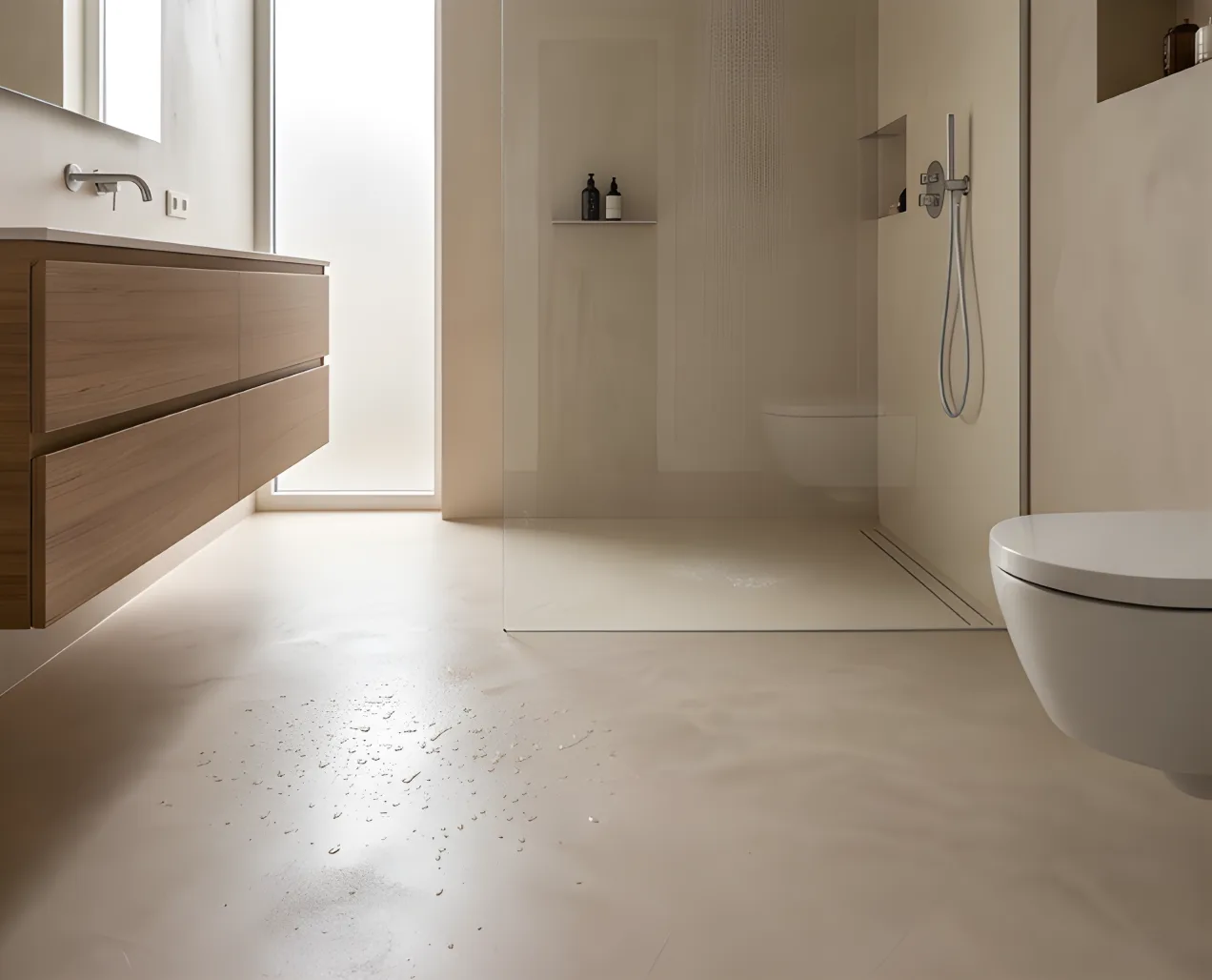 Fugenloses Bad mit Mikrozement Boden und Holzregal, moderne Dusche und minimalistisches Design