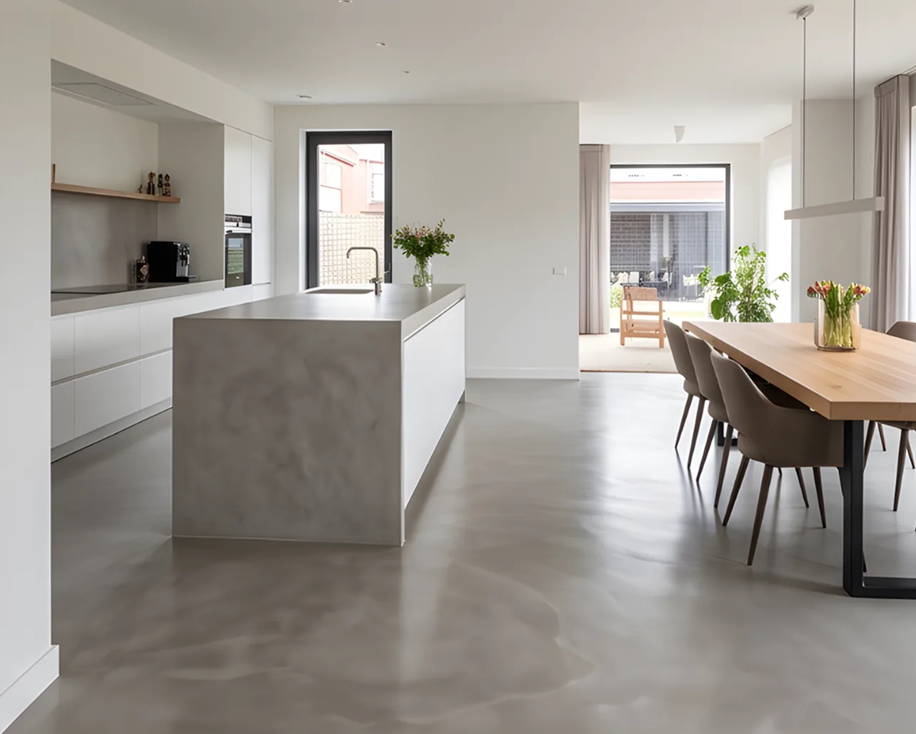 Fugenloser Mikrozementboden in einer modernen Küche und Essbereich mit Holzdetails