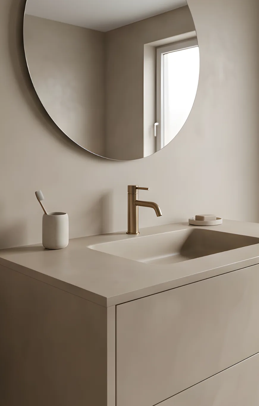 Elegantes Mikrozement-Waschtisch mit goldenen Wasserhahn und runder Spiegel im modernen Bad
