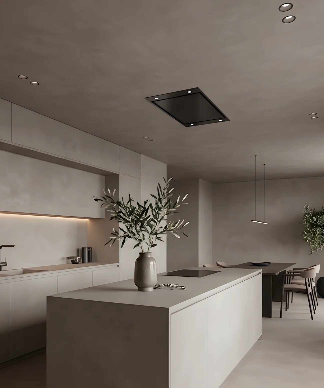 Mikrozement Küche mit fugenloser Oberfläche, elegantes Design und moderne Beleuchtung
