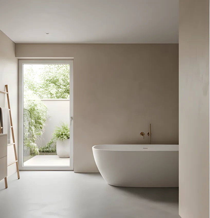 Fugenloses Badezimmer mit eleganter Badewanne und minimalistischer Wandgestaltung aus Mikrozement