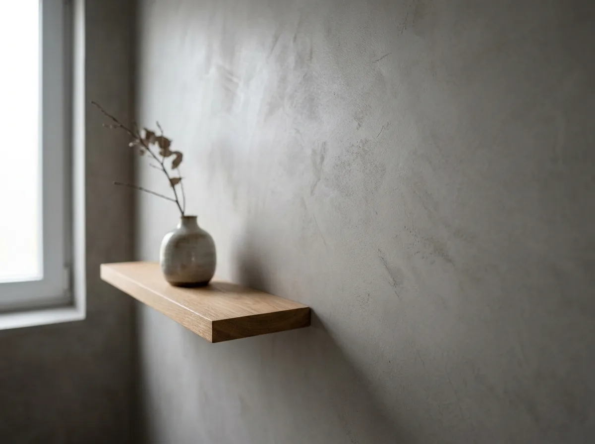 Mikrozement Wandgestaltung mit eleganter Holzregal und Vase in einem modernen Raum