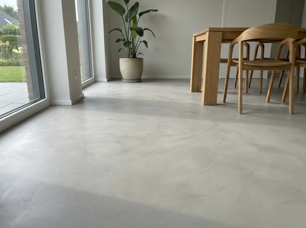 Fugenloser Mikrozementboden in einem modernen Wohnraum mit Holzmöbeln und Pflanzen