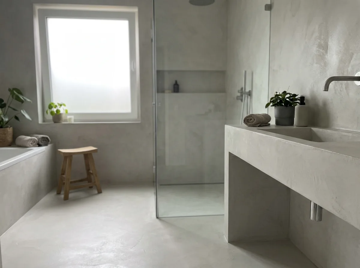 Fugenloses Bad mit Mikrozement, modernes Waschbecken und Dusche, ästhetisches Design