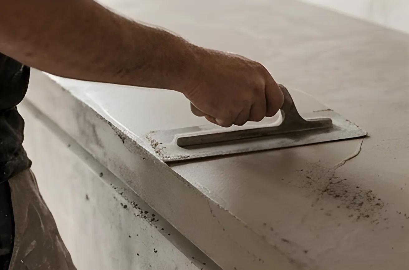 Handwerker trägt Mikrozement auf eine Fläche auf, die für einen fugenlosen Boden vorbereitet wird