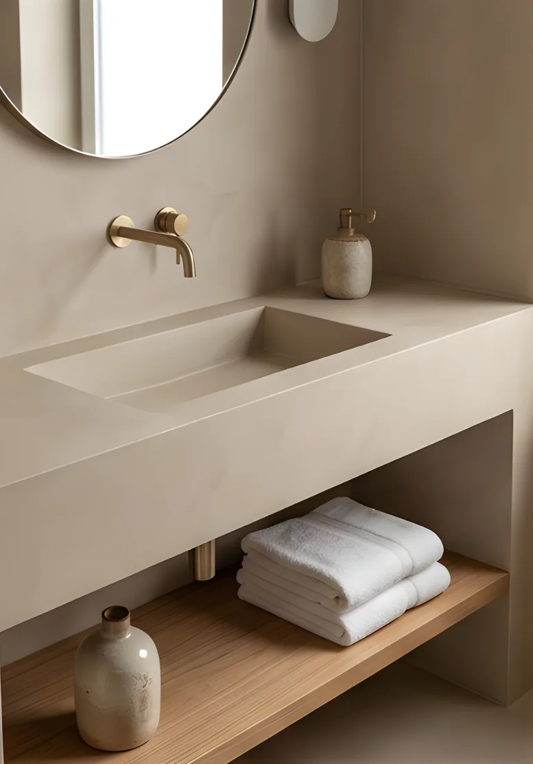 Mikrozement Waschbecken mit eleganter Oberfläche und goldenen Armaturen in modernem Badezimmer