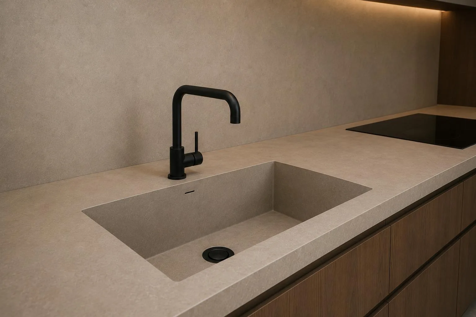 Mikrozement Küchenarbeitsplatte mit integriertem Spülbecken und modernem Wasserhahn