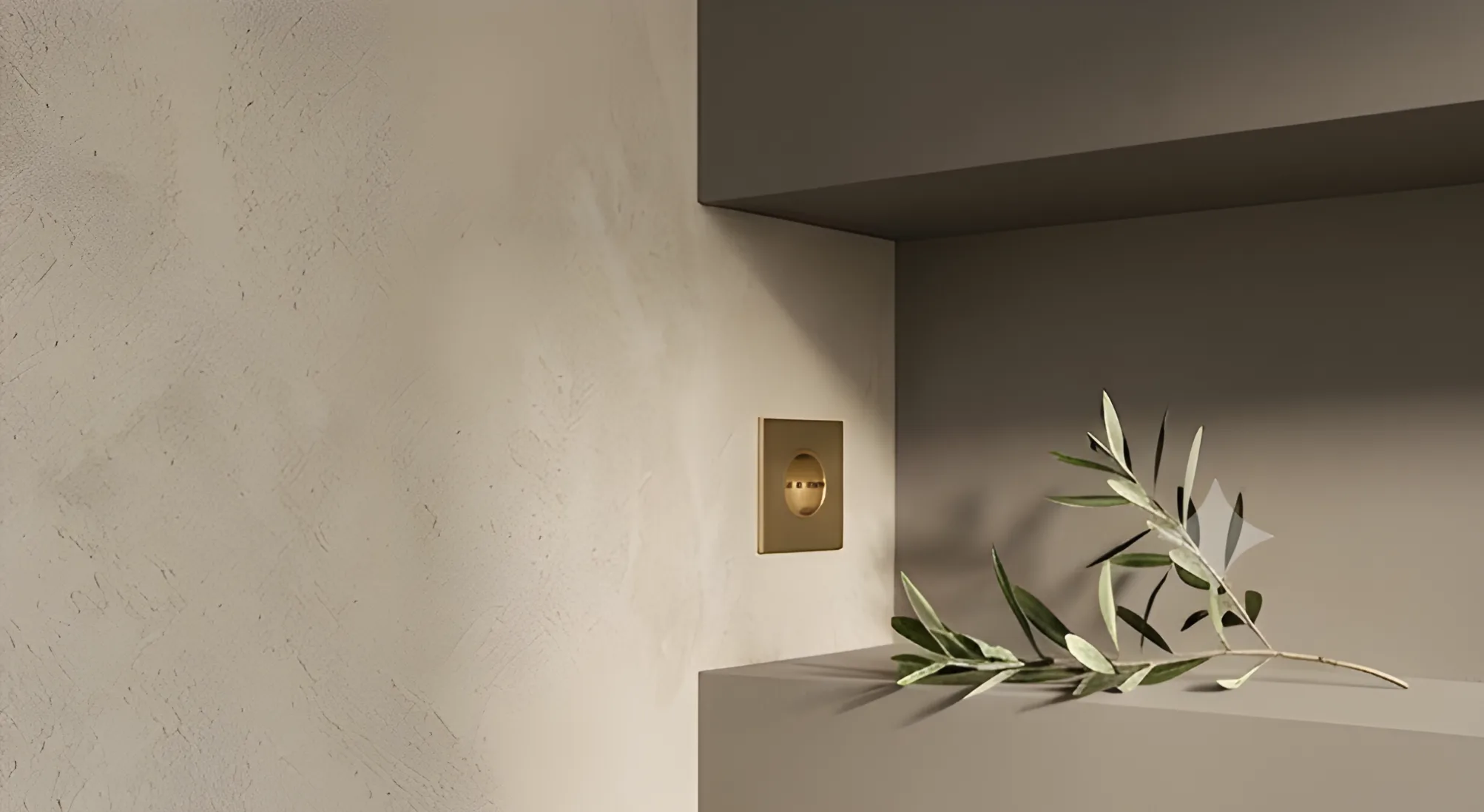 Detailaufnahme einer fugenlosen Wandgestaltung mit Mikrozement und dekorativem Element