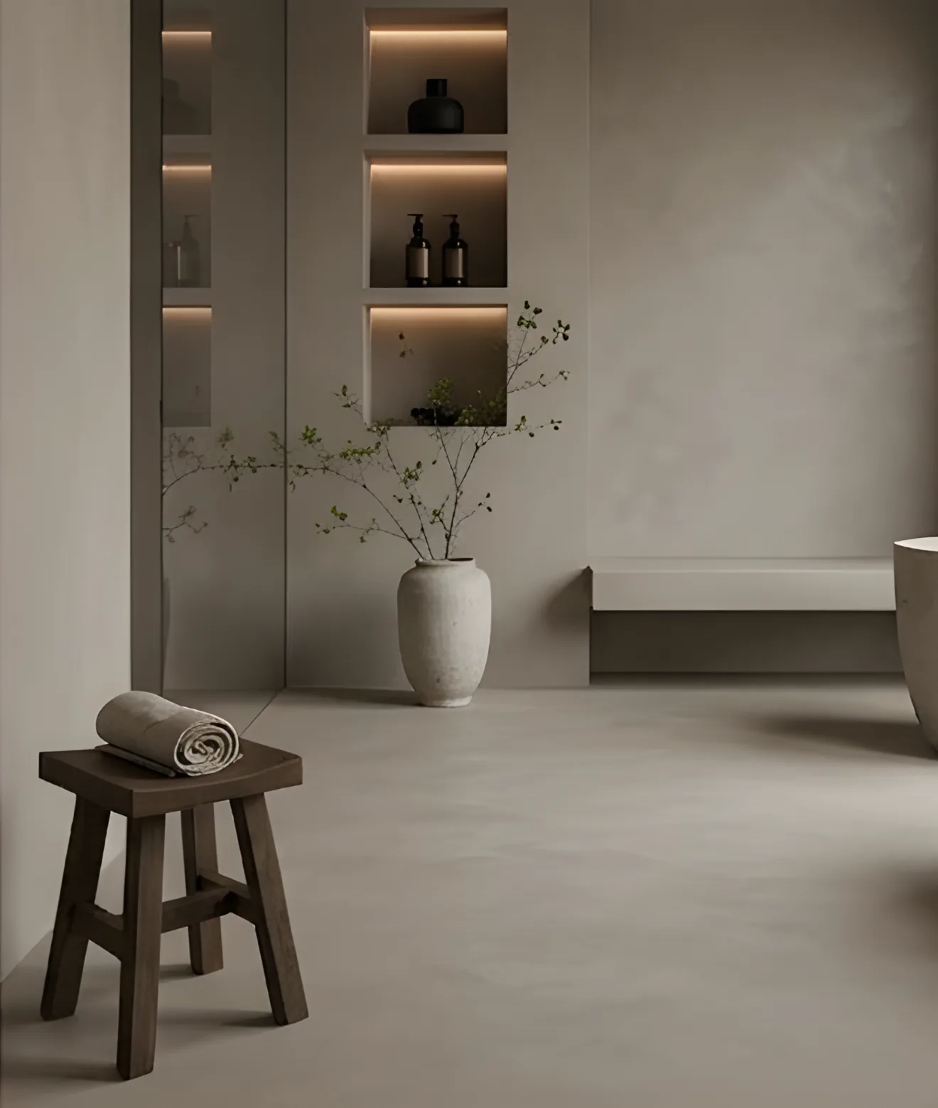Fugenloser Mikrozementboden in modernem Badezimmer mit dekorativen Regalen und minimalistischer Einrichtung