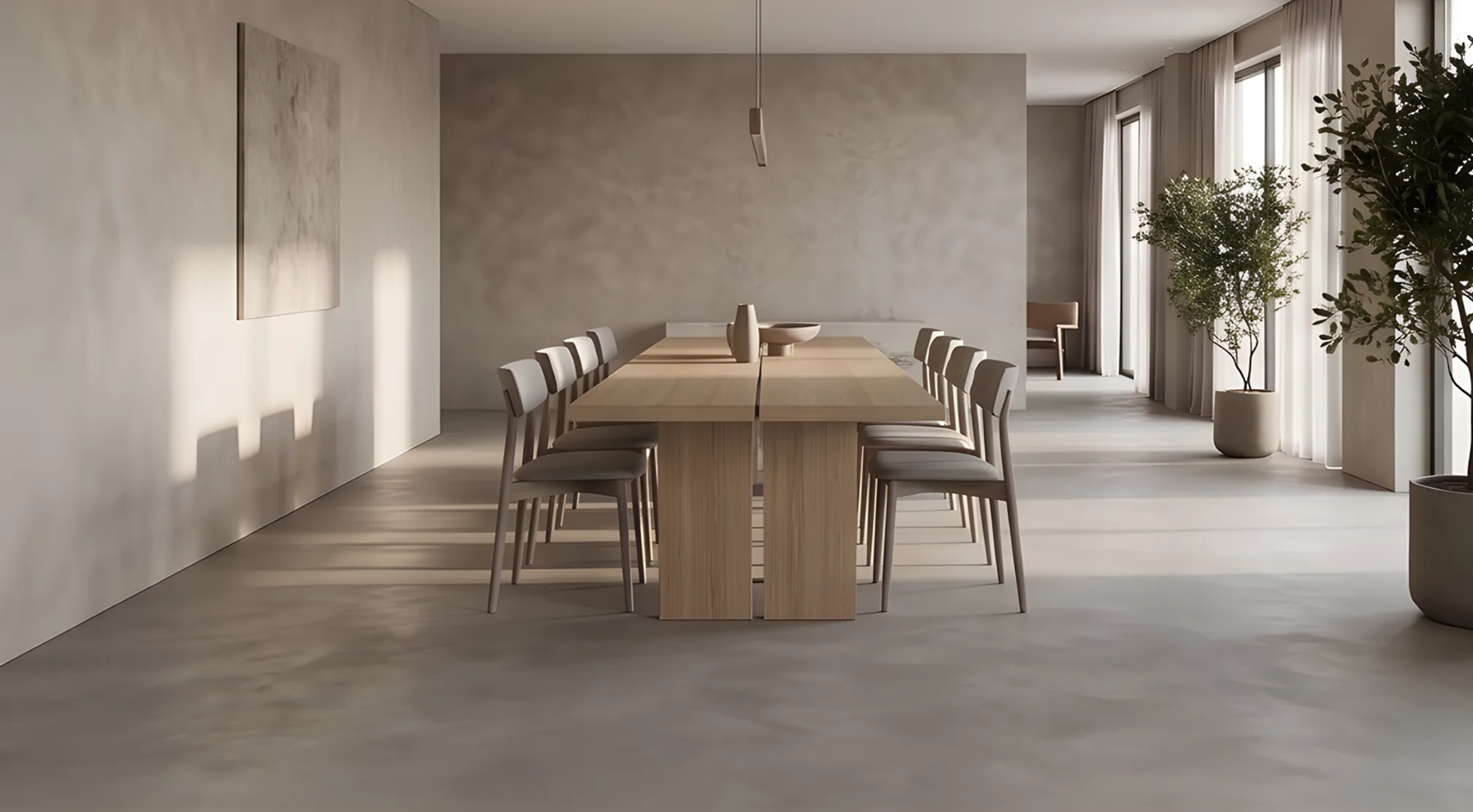 Fugenloser Mikrozementboden in modernem Essbereich mit Holzstuhl und Tisch