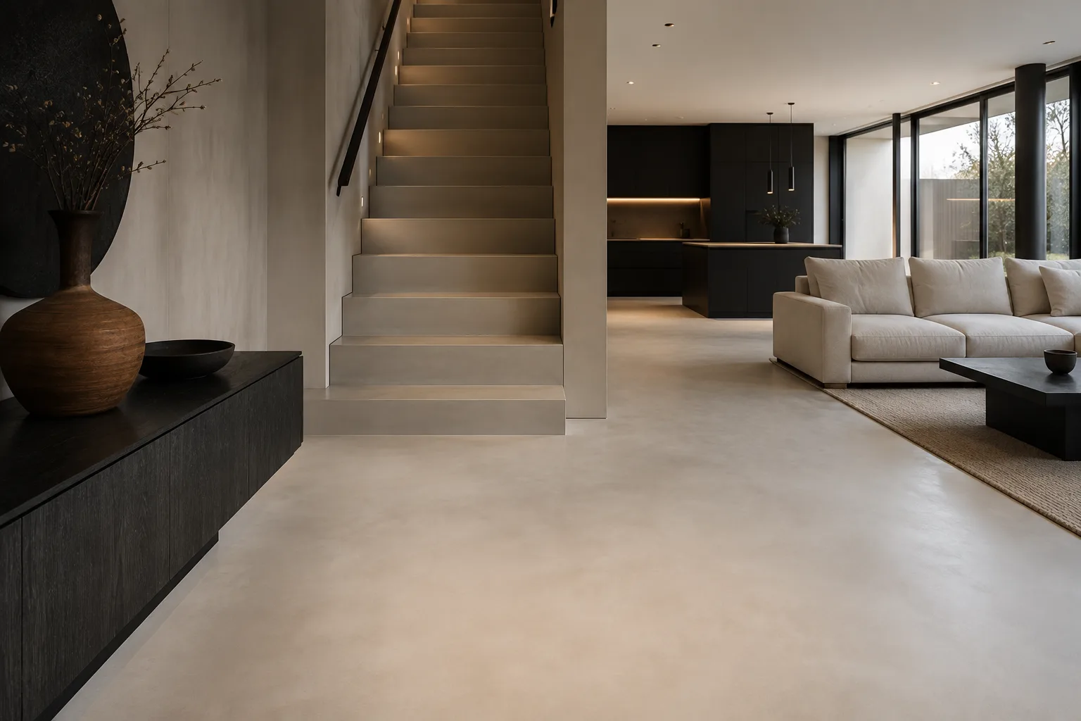 Fugenloser Mikrozement Boden und Treppe in modernem Innenraum