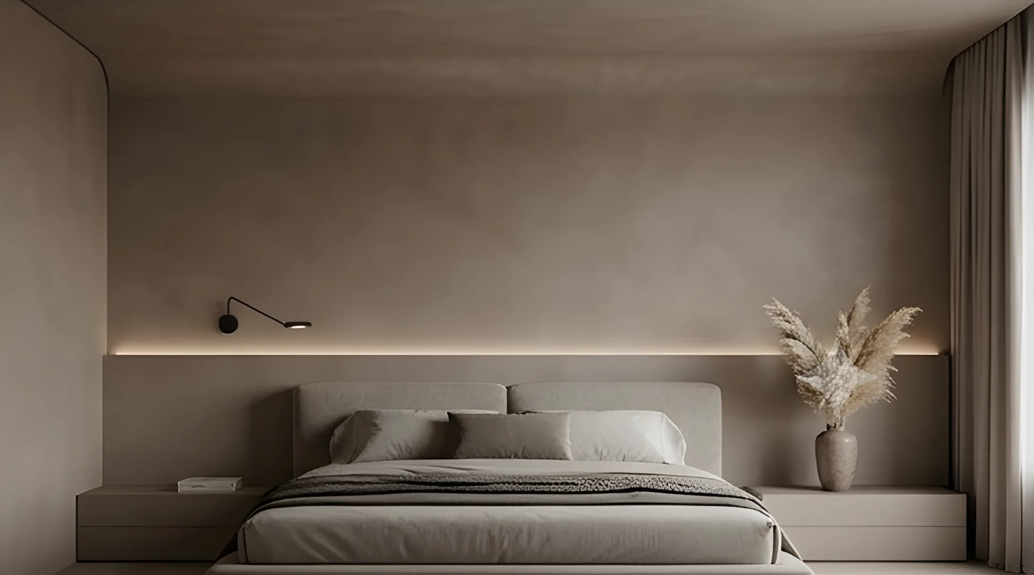 Fugenlose Wandgestaltung mit Mikrozement in einem modernen Schlafzimmer