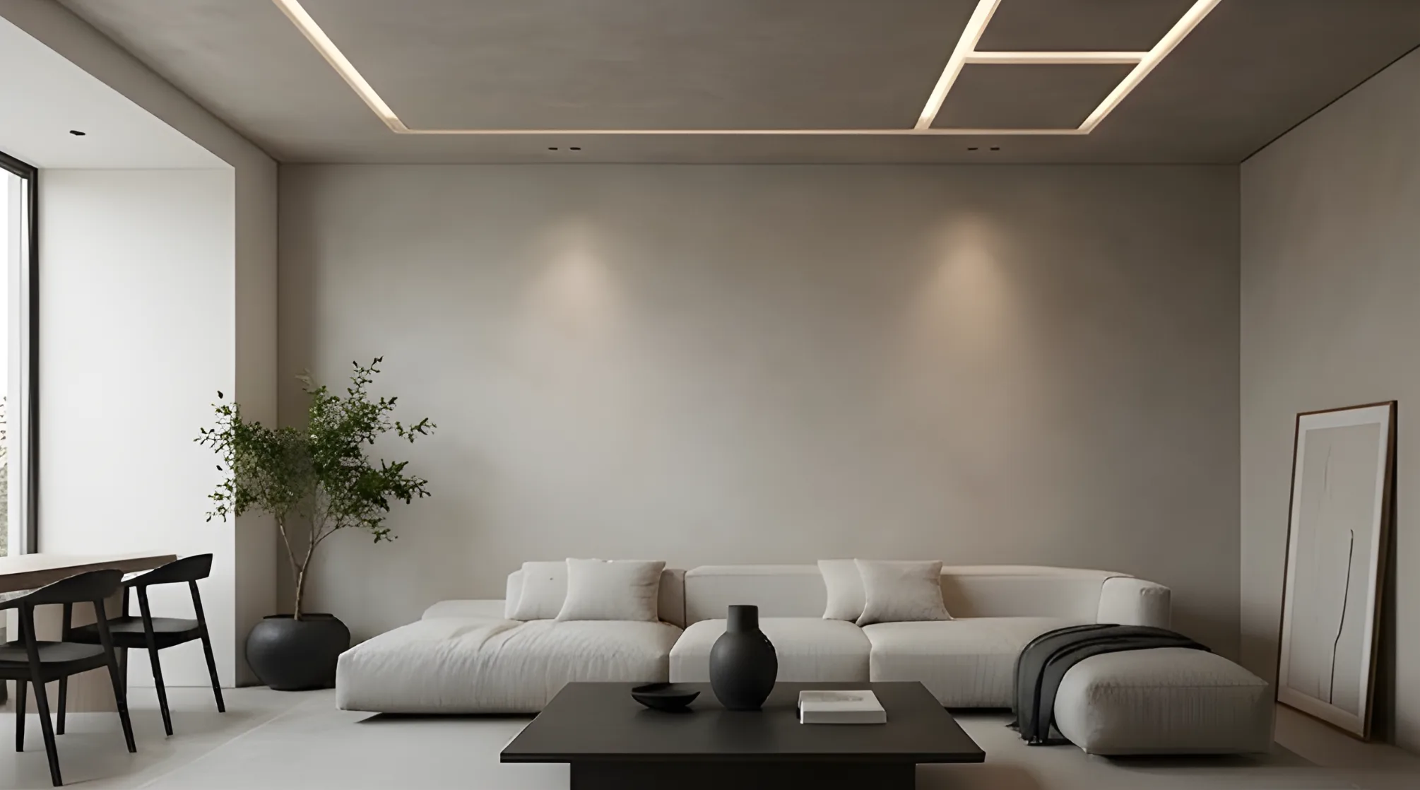 modernes Wohnzimmer mit Mikrozement Wänden und Böden sowie stilvollem Design