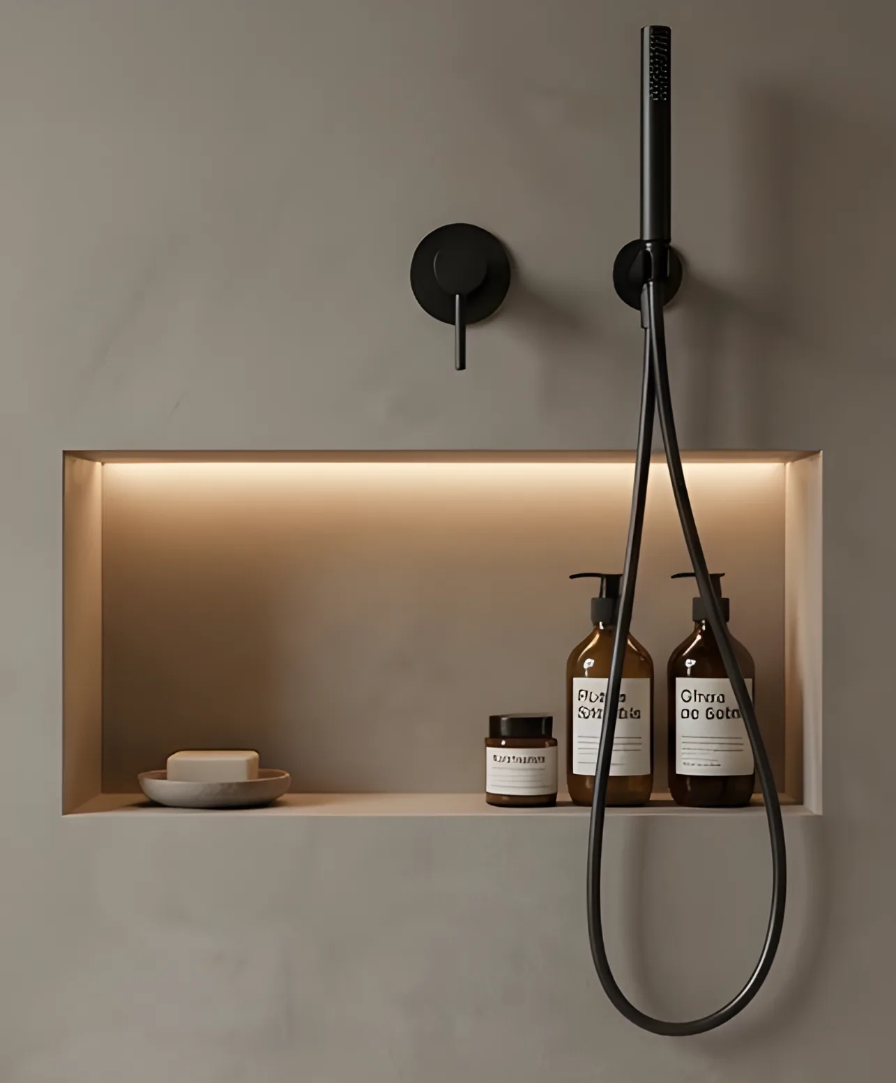 Fugenloses Bad mit Mikrozement Wand und stilvollem Duschsystem. Elegante Ablage mit Pflegeprodukten