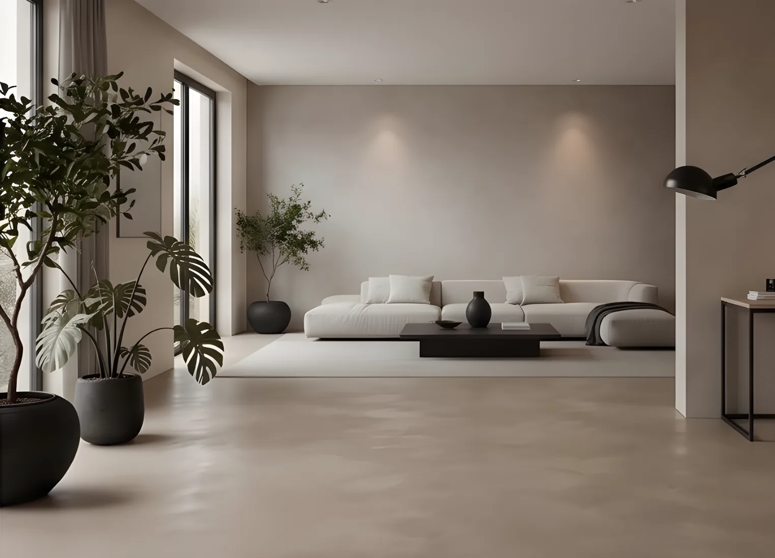 Fugenloser Mikrozementboden in modernem Wohnraum mit eleganten Möbeln und Pflanzen