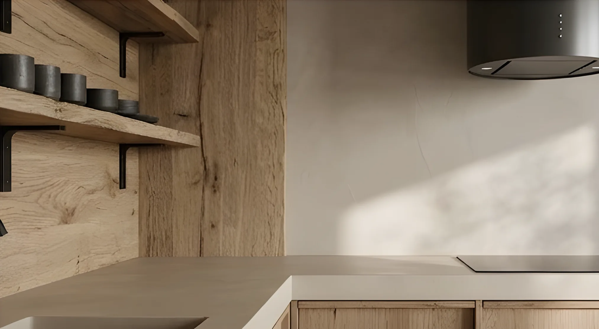 Mikrozement Küche mit eleganter Arbeitsplatte und Holzregalen