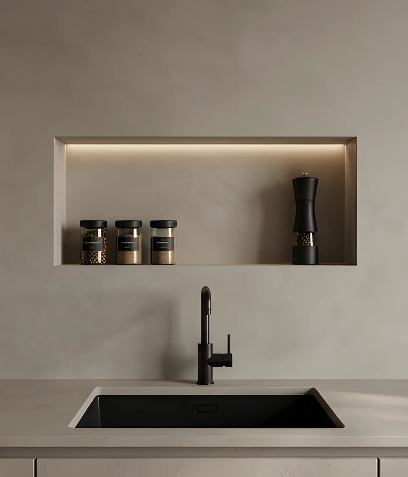 Mikrozement Küche mit schwarzem Spülbecken und eleganter Wandgestaltung