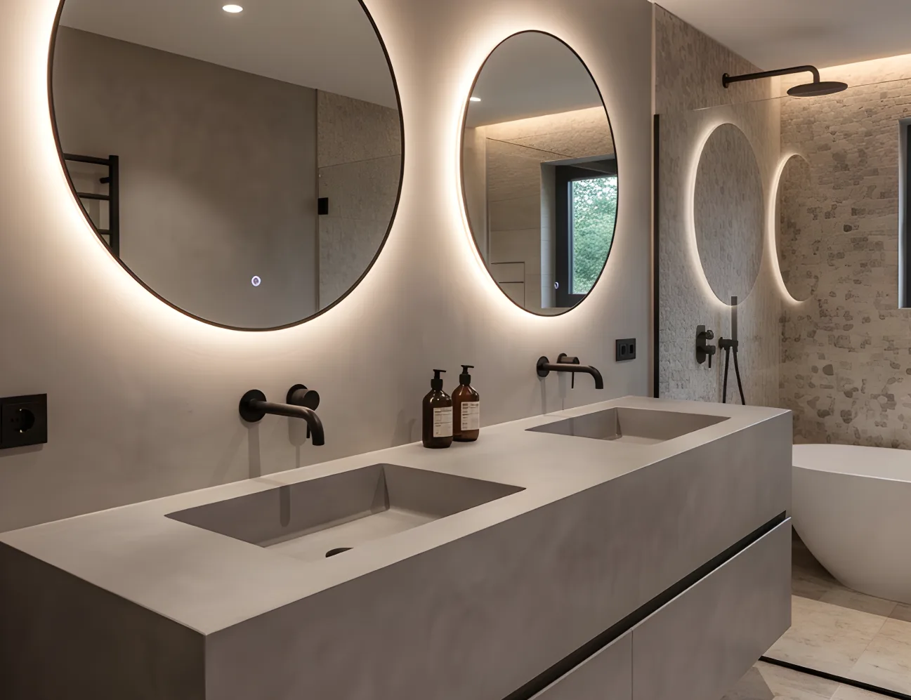 Elegantes Badezimmer mit Mikrozement-Wandgestaltung und modernen Waschbecken