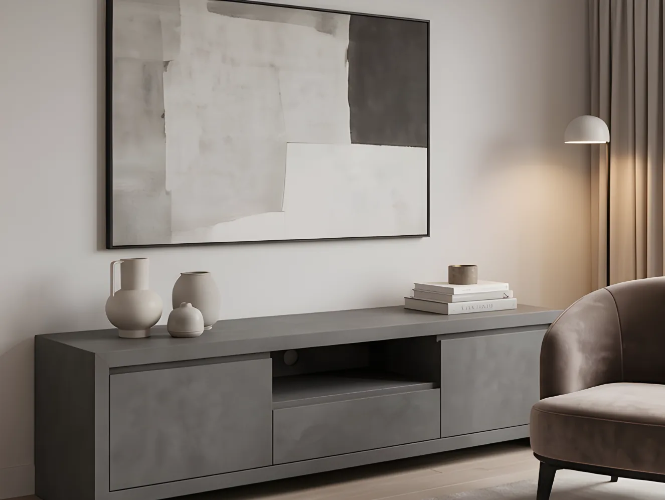 Modernes Wohnzimmer mit Mikrozement Möbel und minimalistischer Wandgestaltung