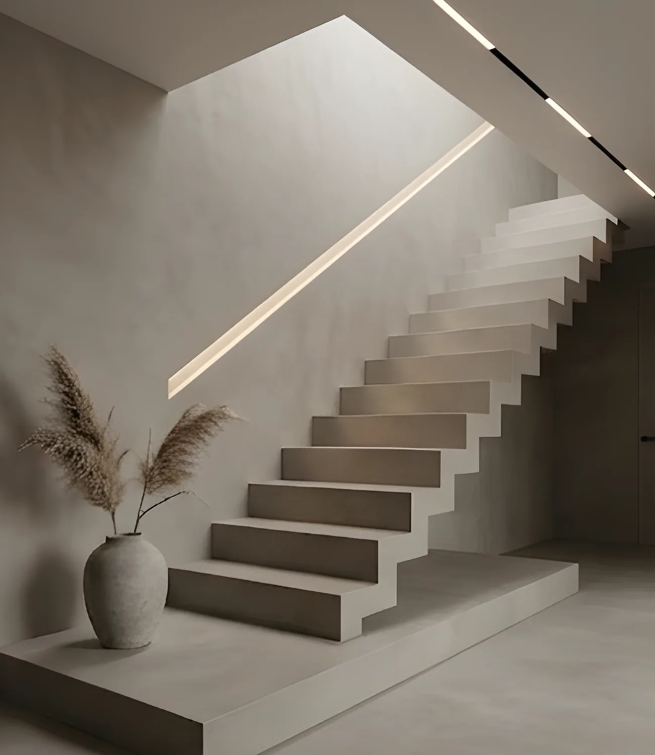 Fugenlose Treppe mit Mikrozement-Oberfläche und eleganter Beleuchtung