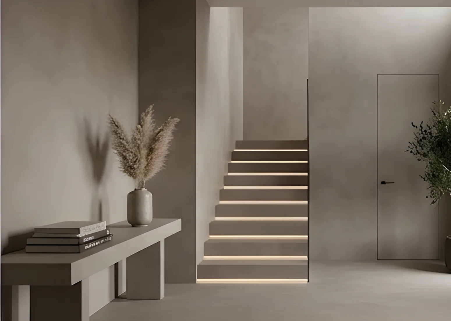 Fugenlose Treppe mit sanfter Beleuchtung in modernem Innenraum. Mikrozement und minimalistische Gestaltung