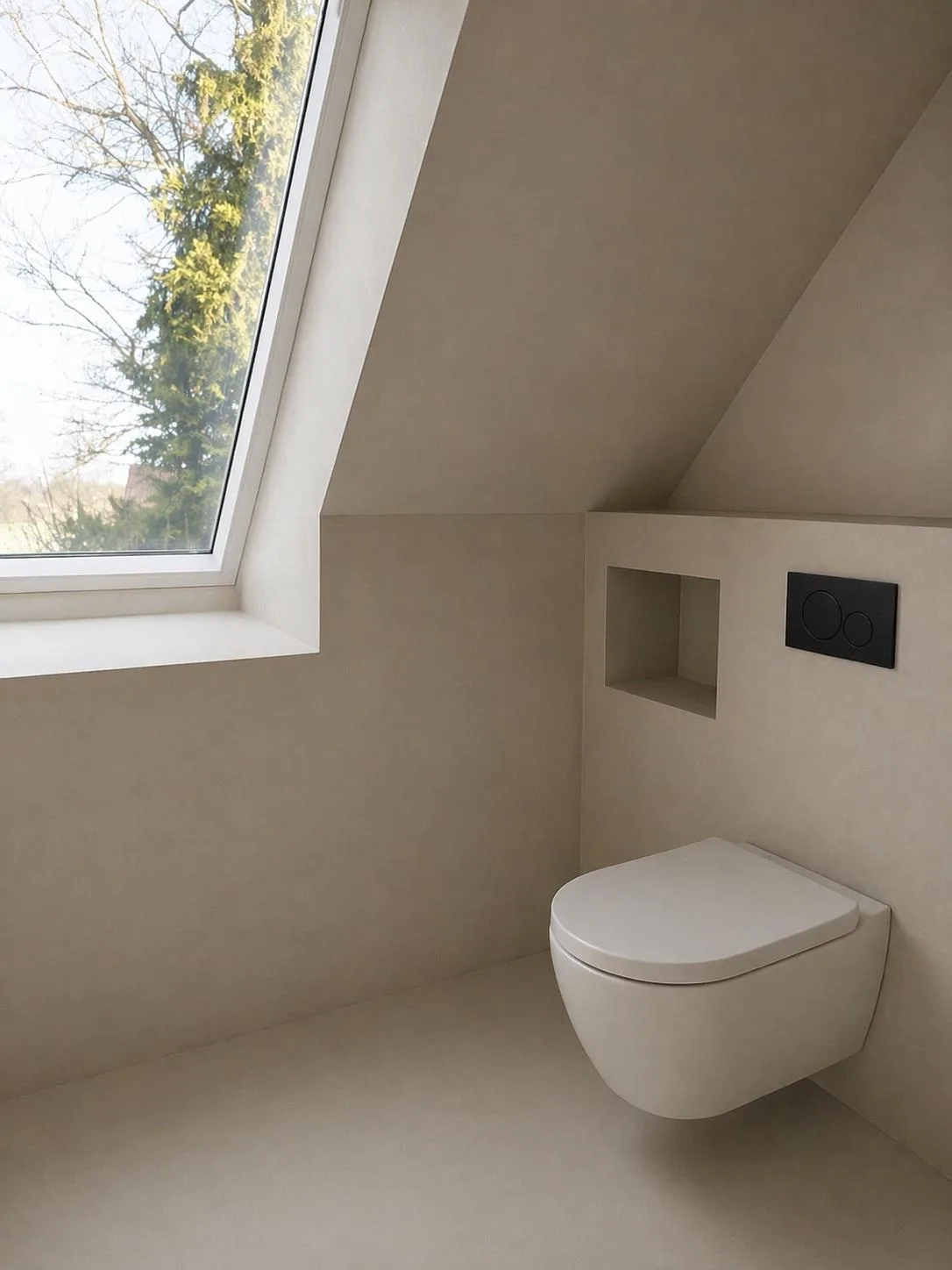 Mikrozement Badezimmer mit fugenloser Wandgestaltung und modernem WC-Element