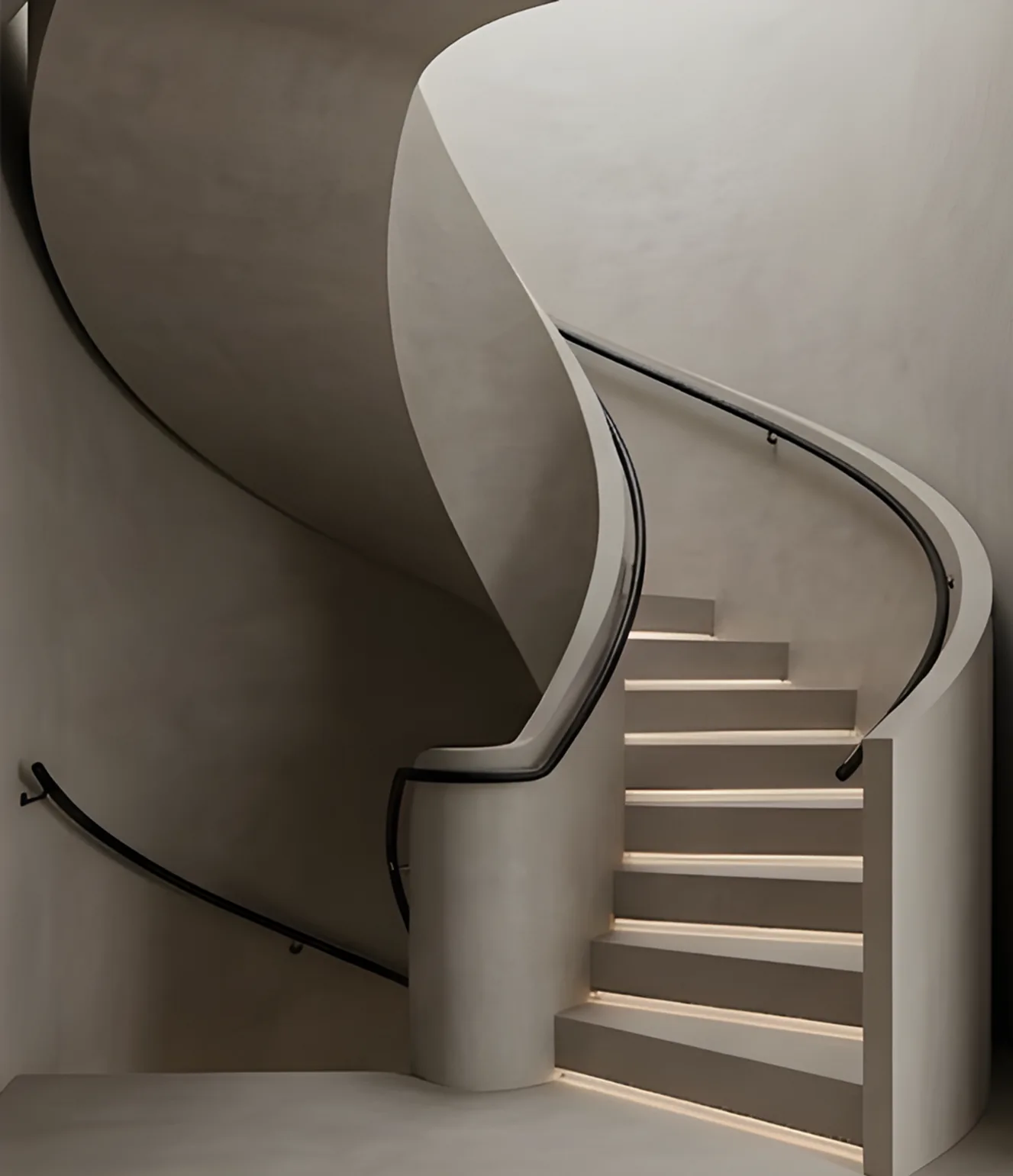 Fugenlose Treppe mit eleganten Linien und sanfter Beleuchtung in einem modernen Raum