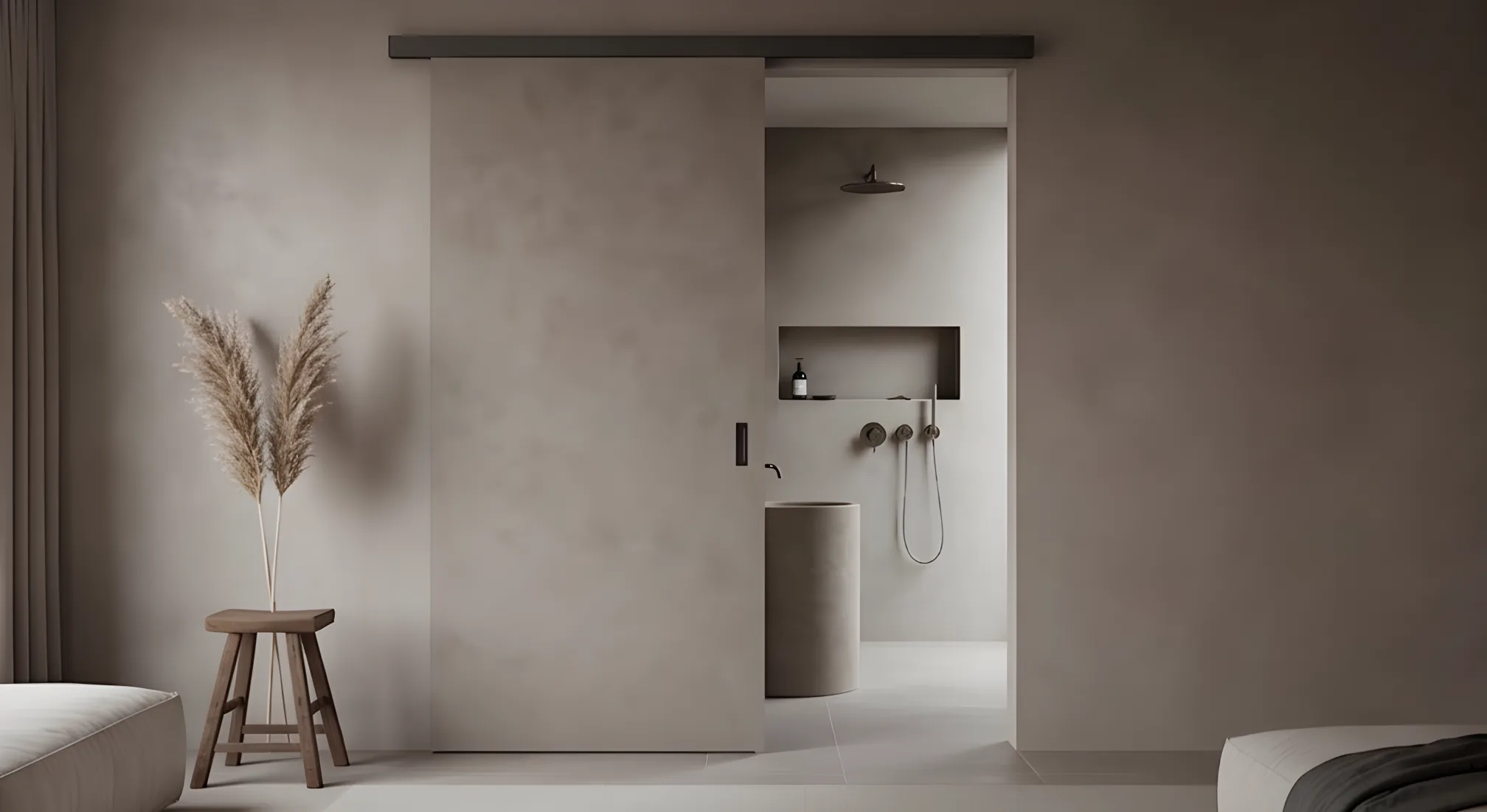 Fugenloses Badezimmer mit Mikrozement-Wandgestaltung und eleganter, minimalistischer Optik