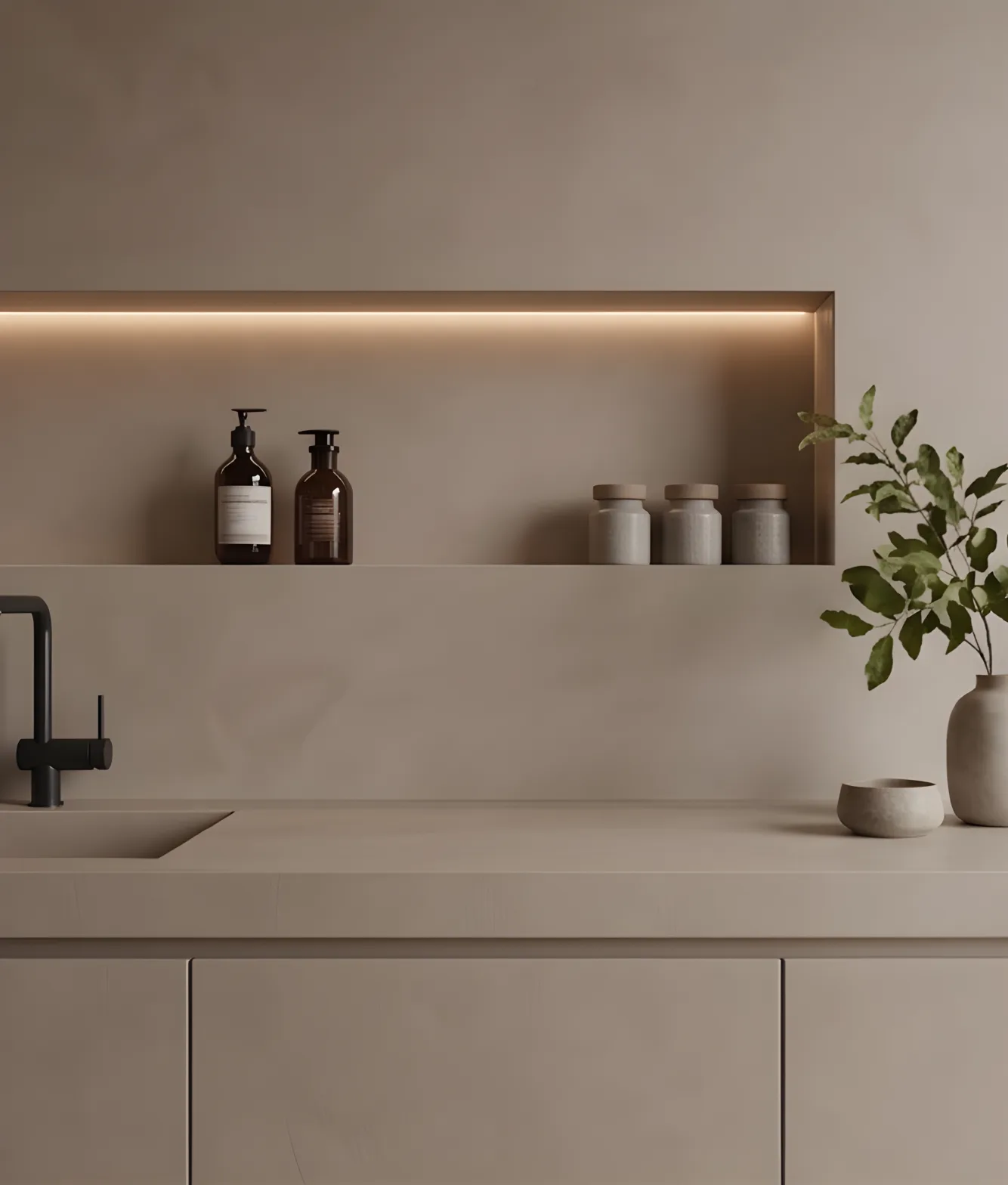 Mikrozementküche mit eleganter Wandgestaltung und indirekter Beleuchtung