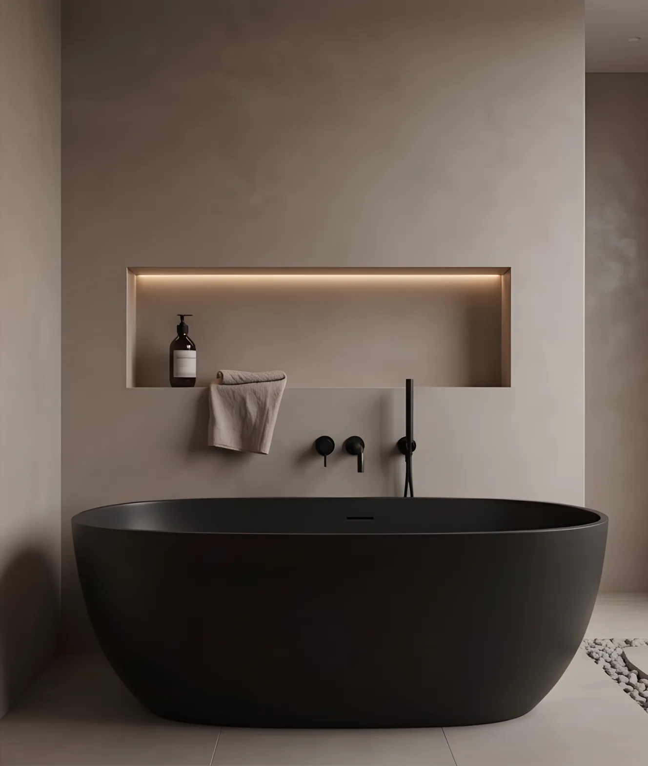 Luxus Badezimmer mit Mikrozement Wänden und freistehender Badewanne in modernem Design