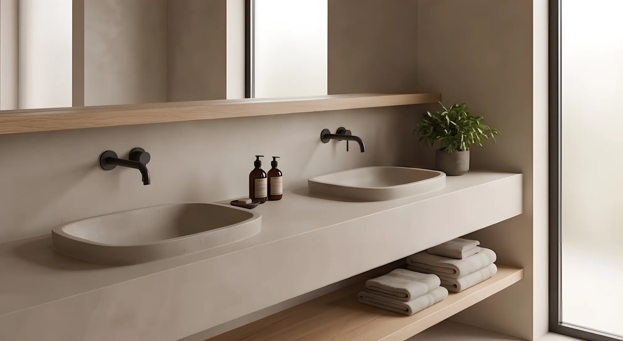 Fugenloses Bad mit Mikrozement-Waschbecken und minimalistischer Holzregalgestaltung