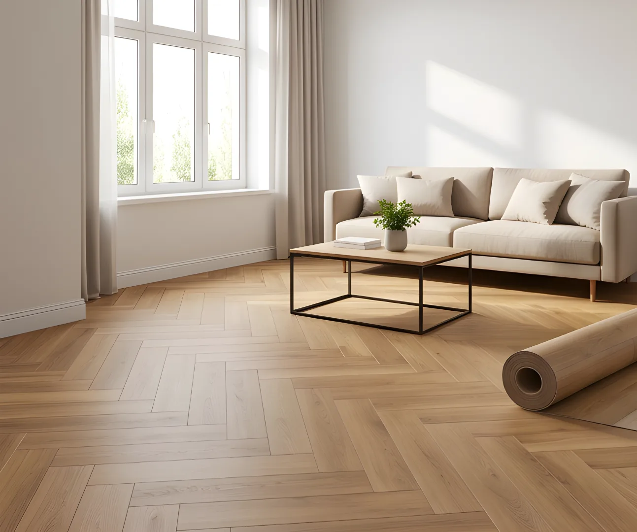 Helle Wohnatmosphäre mit Holzoptik-Boden und einem modernen Sofa sowie einem Couchtisch