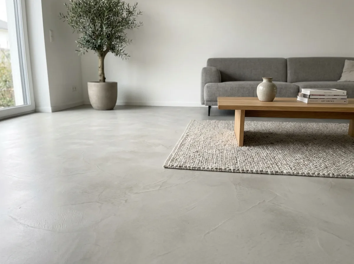 Fugenloser Mikrozementboden in modernem Wohnzimmer mit Couch und Tisch