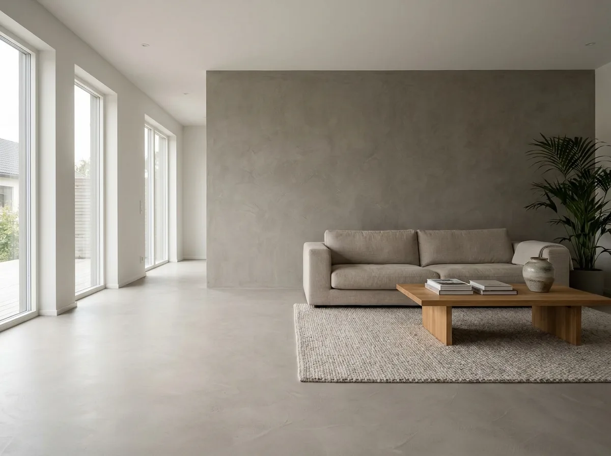 Fugenloser Mikrozementboden und Wandgestaltung im modernen Wohnzimmer