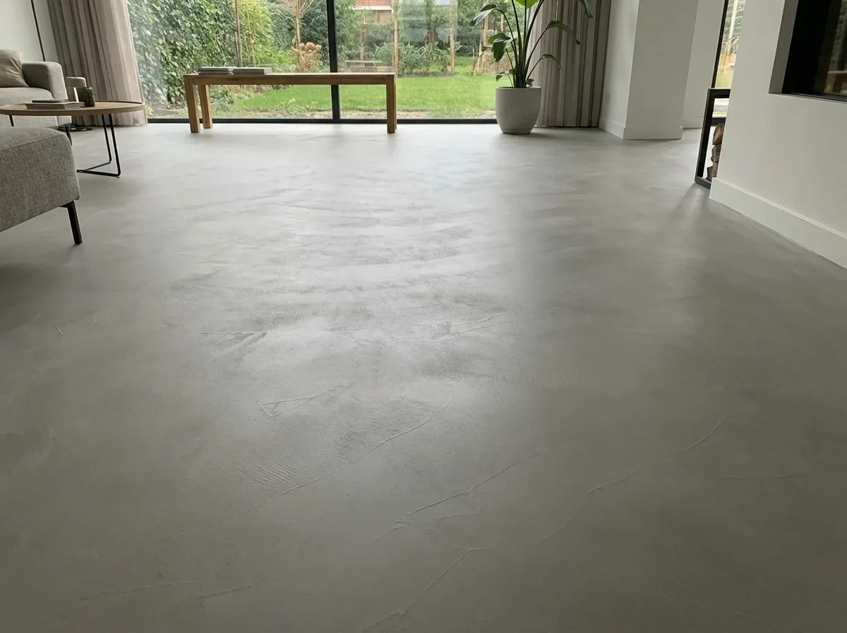 Fugenloser Mikrozementboden in einem modernen Wohnraum mit großen Fenstern