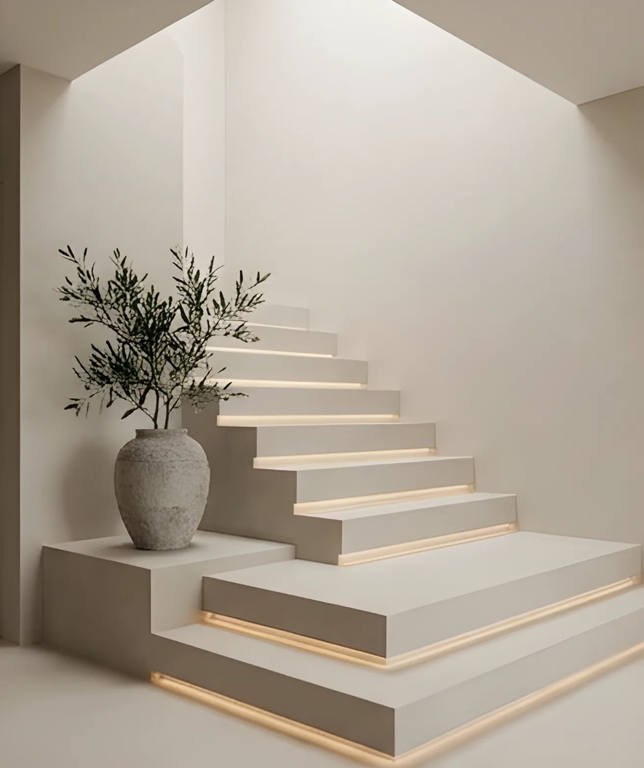 Fugenlose Treppe mit sanfter Beleuchtung und dekorativem Topf