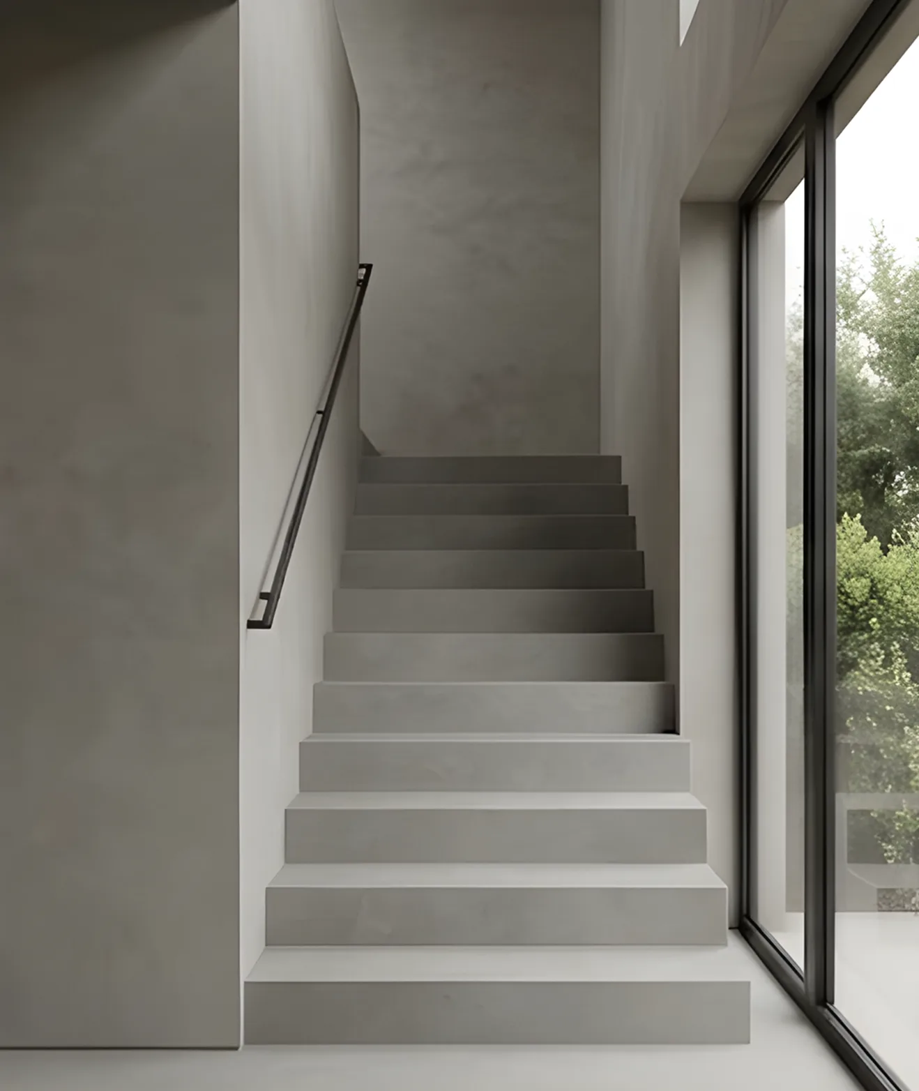Fugenlose Treppe aus Mikrozement, elegant und modern gestaltet, mit natürlichem Licht